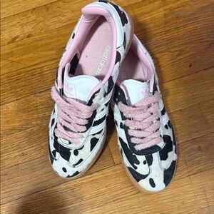 Adidas Black and White Cow Print Sneakers with Pink Accents